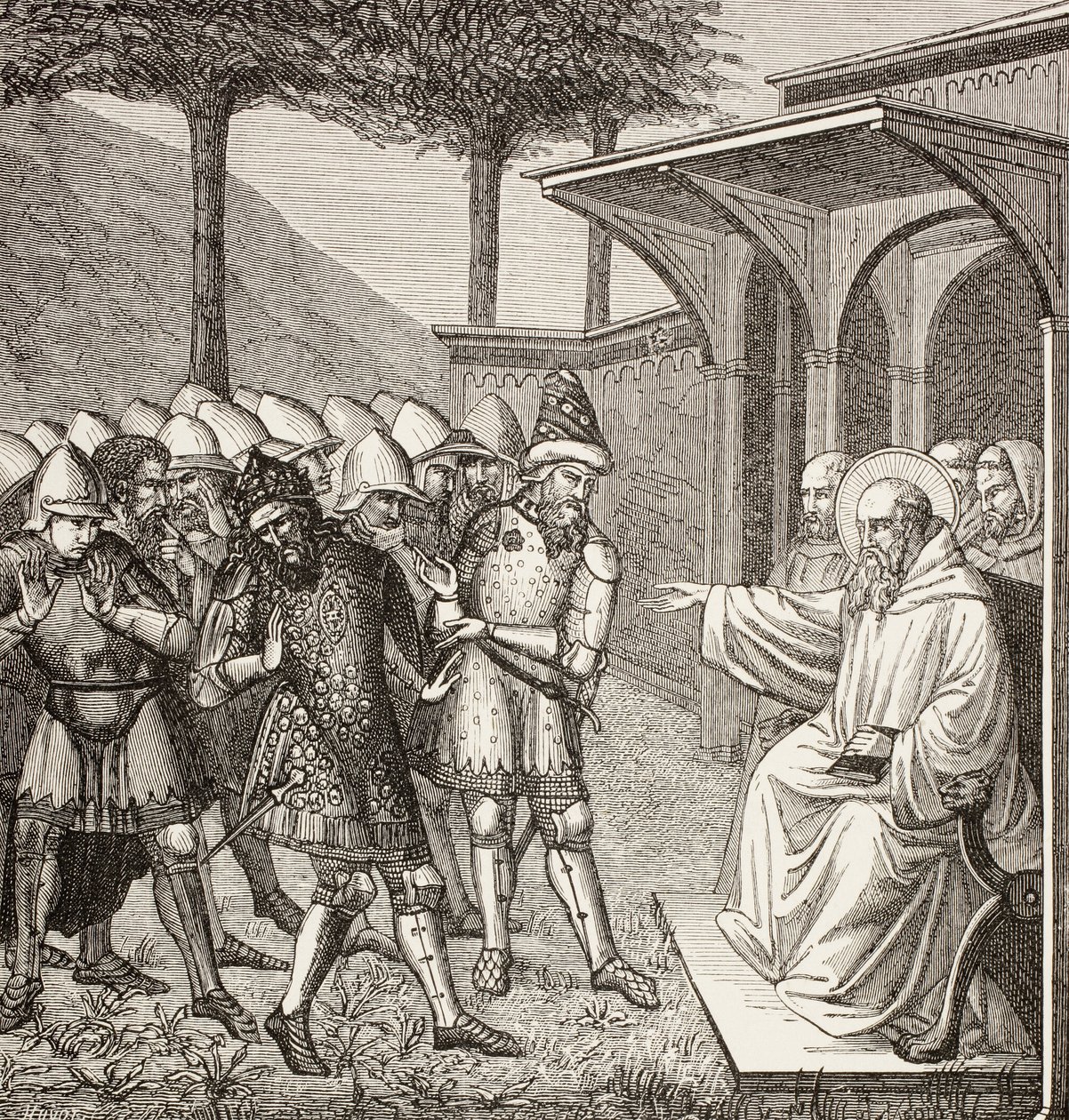 Benedikt af Nursia bebrejder Baduila Aka Totila, ostrogoternes konge, at han har bedraget ham og forudsiger hans død. af Paul Lacroix
