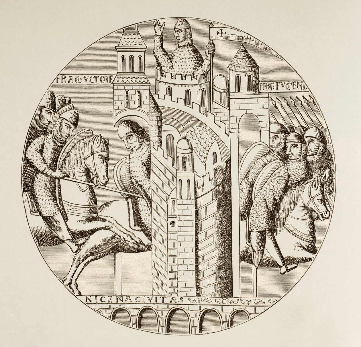 Korsfarernes indtagelse af Nikæa i Tyrkiet i 1097. Efter et vindue i kirken i klosteret St. Denis, som nu er ødelagt. af Paul Lacroix