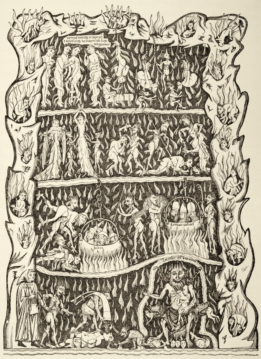 Helvedes pinsler. Fra en miniature i et manuskript fra det 12. århundrede, der blev ødelagt efter en brand i Strasbourgs bibliotek under et preussisk bombardement. af Paul Lacroix