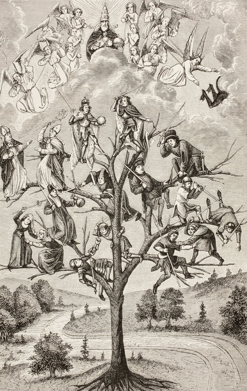 Kampens træ. Allegoriske figurer, der repræsenterer den uenighed, der findes mellem sociale klasser. Efter et manuskript fra det 15. århundrede. af Paul Lacroix