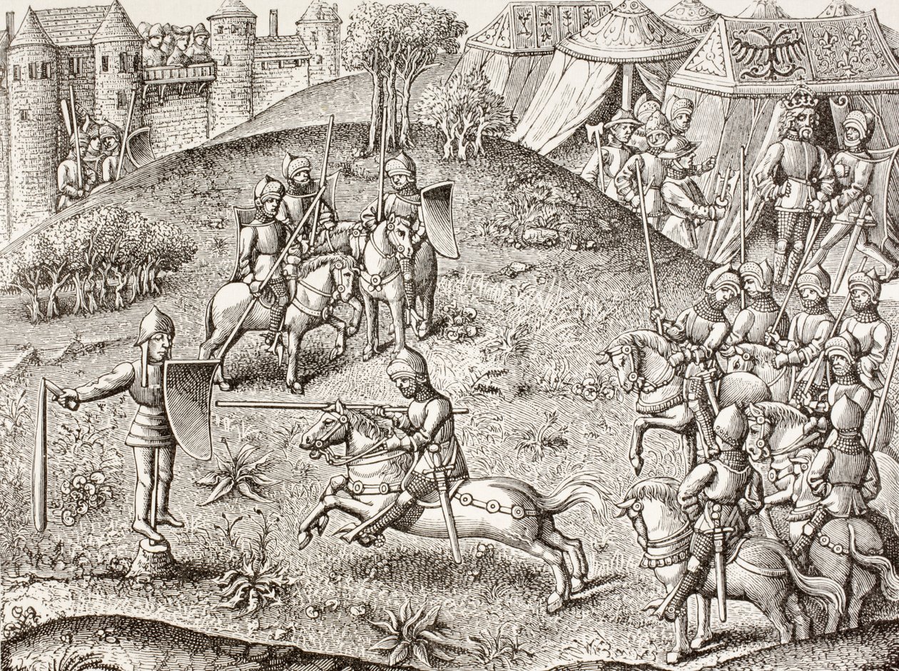 Tilting At A Quintain, The Revolving Effigy Of A Knight. Efter en miniature i Chroniques De Charlemagne fra det 15. århundrede. af Paul Lacroix
