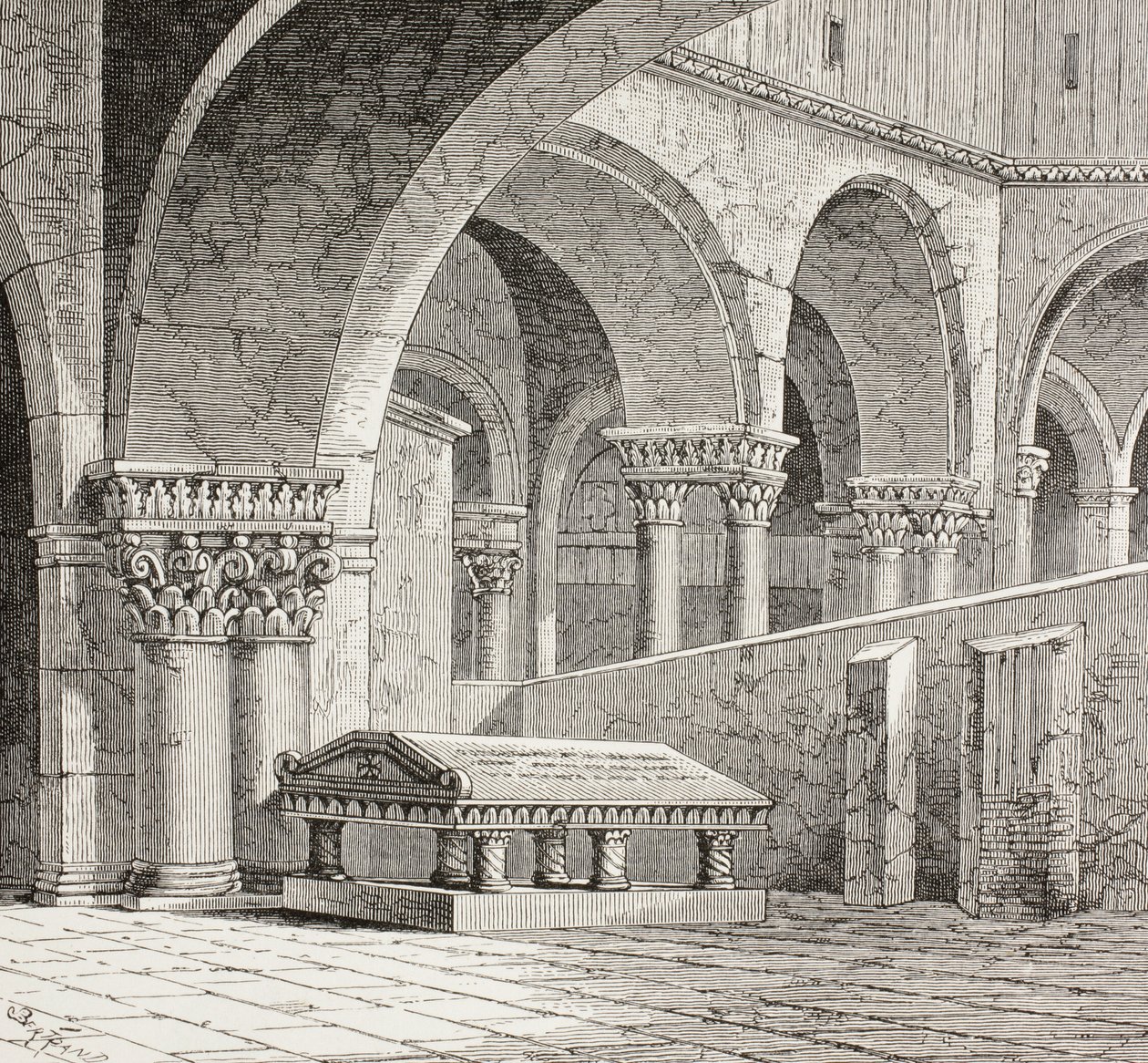 Godfrey De Boullons grav, ca. 1060 - 1100, som den så ud i Den Hellige Gravs Kirke i Jerusalem. Graven er nu ødelagt. Efter en tegning lavet på stedet i 1828. af Paul Lacroix