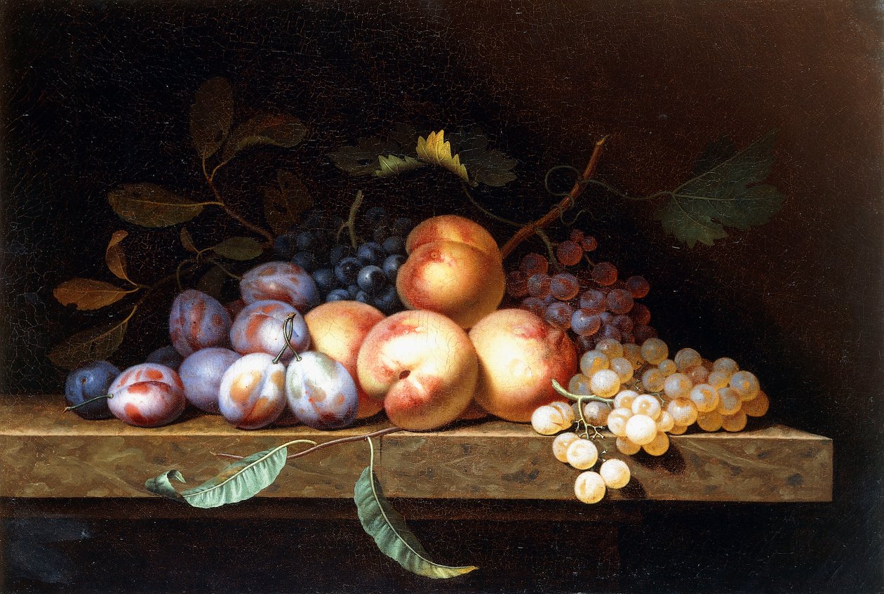 Ferskner, blommer og vindruer på en stenkant, af Paul Liegeois