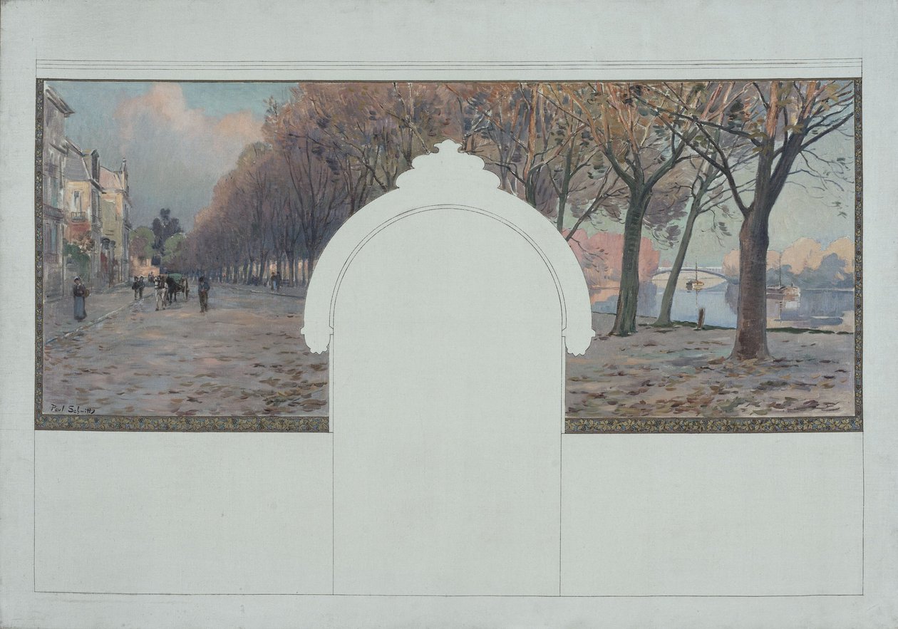 Skitse til rådhuset i Asnières: Landskab. Quais de la Seine à Asnières, ca. 1901 (olie på sort blæk på lærred) af Paul Léon Felix (attr. to) Schmitt