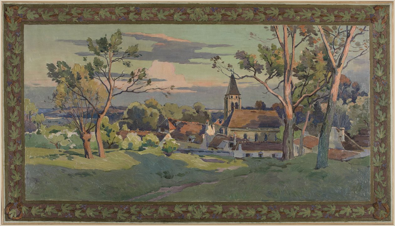 Skitse til rådhuset i Thiais: landsby med kirke, ca. 1902 (olie på lærred) af Paul Léon Felix (attr. to) Schmitt