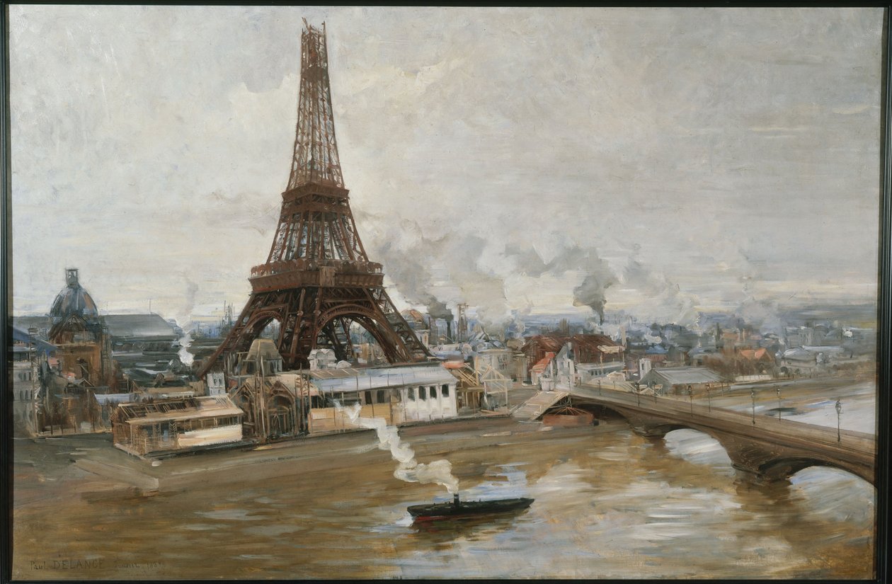 Eiffeltårnet og værkerne på Verdensudstillingen i januar 1889, i 1-1889 (olie på lærred) af Paul Louis Delance