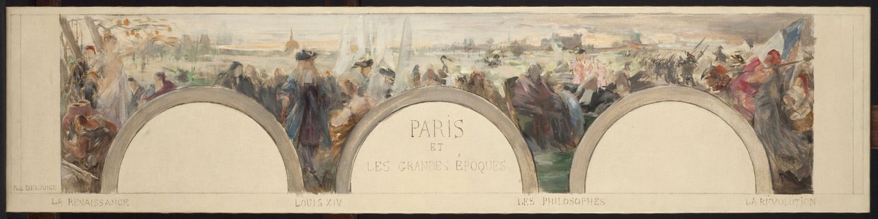 Skitse til indgangshallen i Hôtel de ville de Paris: Paris og de store epoker af Paul Louis Delance