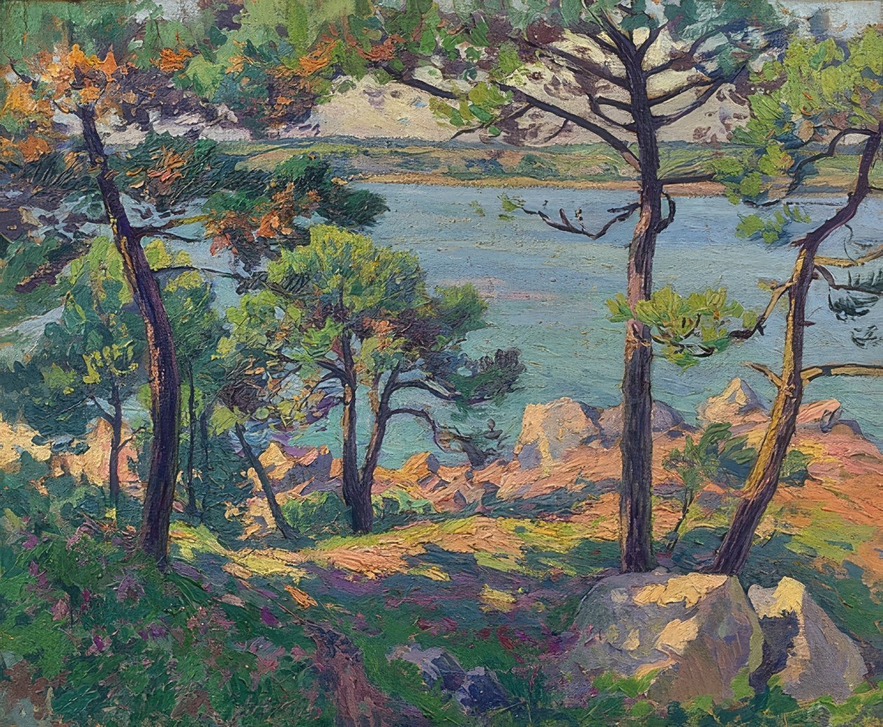 Fyrretræer ved Trieux-floden. 1913 af Paul Madeline