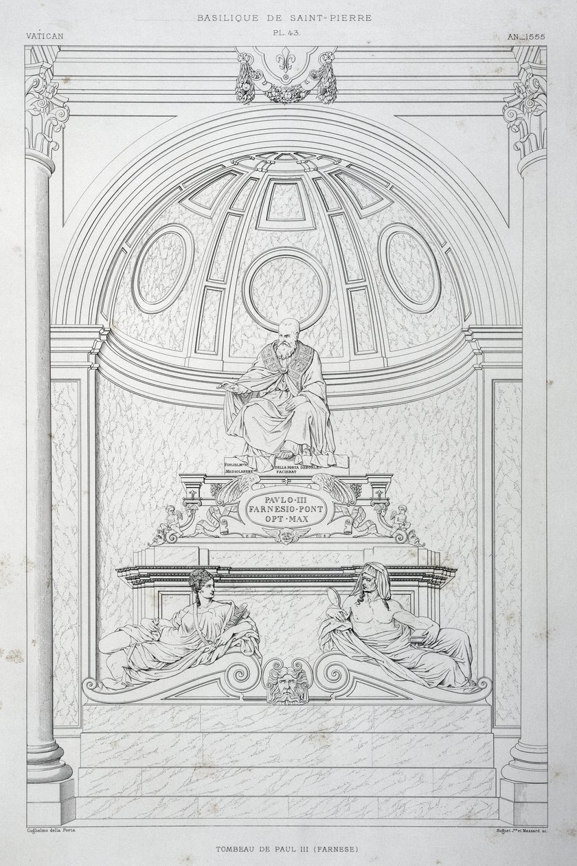 Begravelsesmonument for pave Paul III (Farnese), gravering fra Vatikanet og Peterskirken af Paul Marie Letarouilly