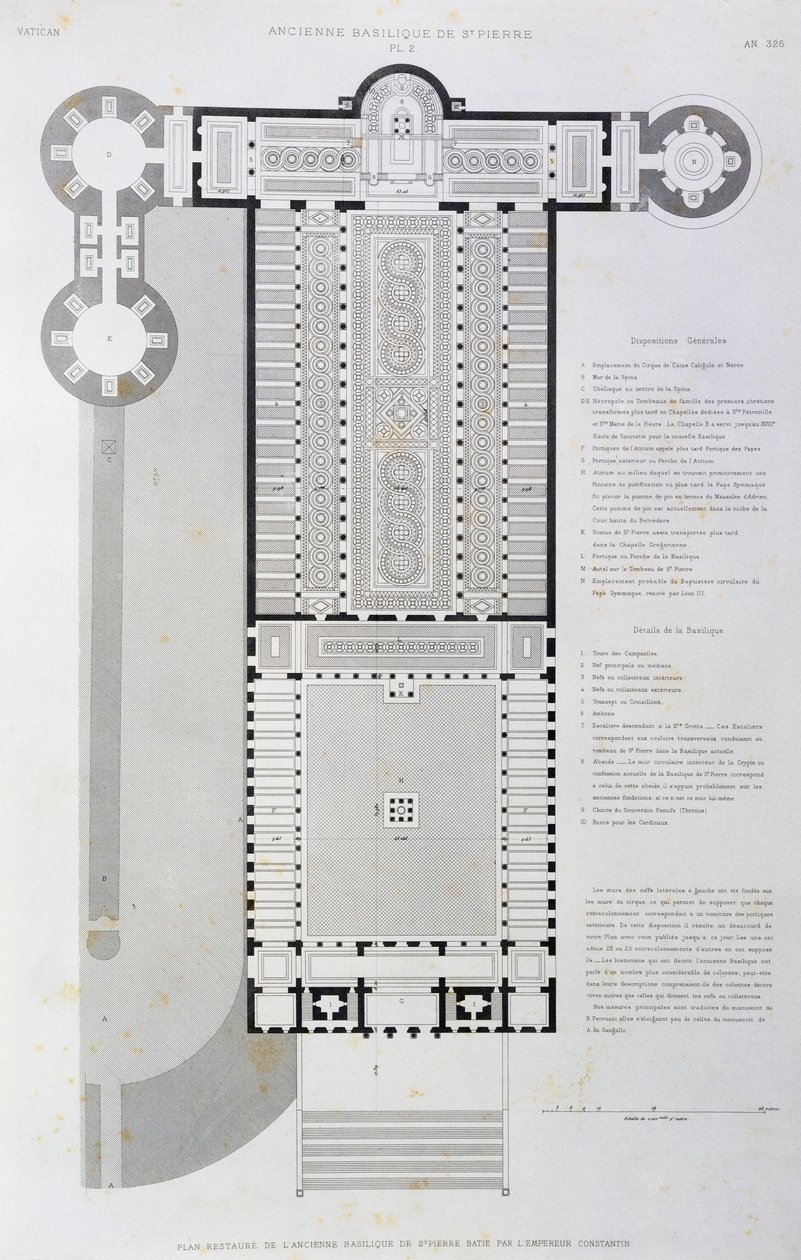 Restaureret layout af den gamle basilika bygget af kejser Konstantin, gravering fra Vatikanet og Peterskirken af Paul Marie Letarouilly