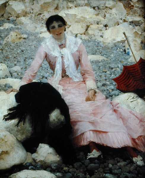 Portræt af kunstnerens kone på stranden (olie på lærred) af Paul Mathey