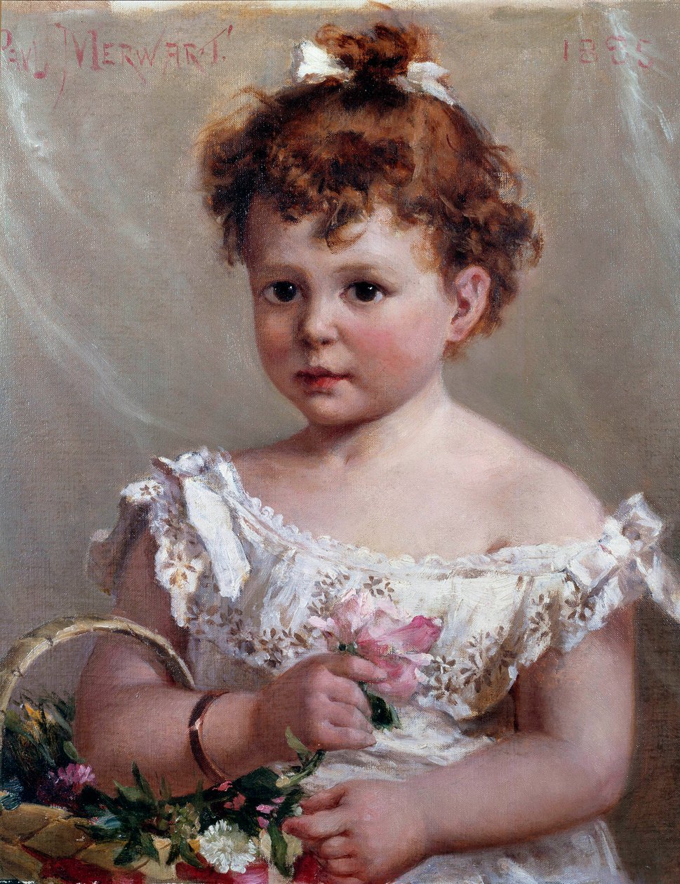 Pigen i kurven eller Helene Loeb, kommende Madame Victor Lyon, i en alder af to. Maleri af Paul Merwart (1855-1902) 1800-tallets søn. 0,46x0,38 m af Paul Merwart