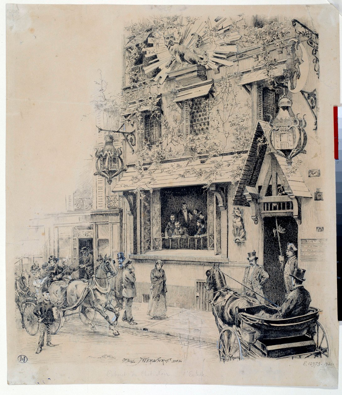 Udsigt over indgangen til Cabaret du Chat Noir. Blæktegning af Paul Merwart (1855-1902) Paris fra det 19. århundrede, Musee Carnavalet af Paul Merwart