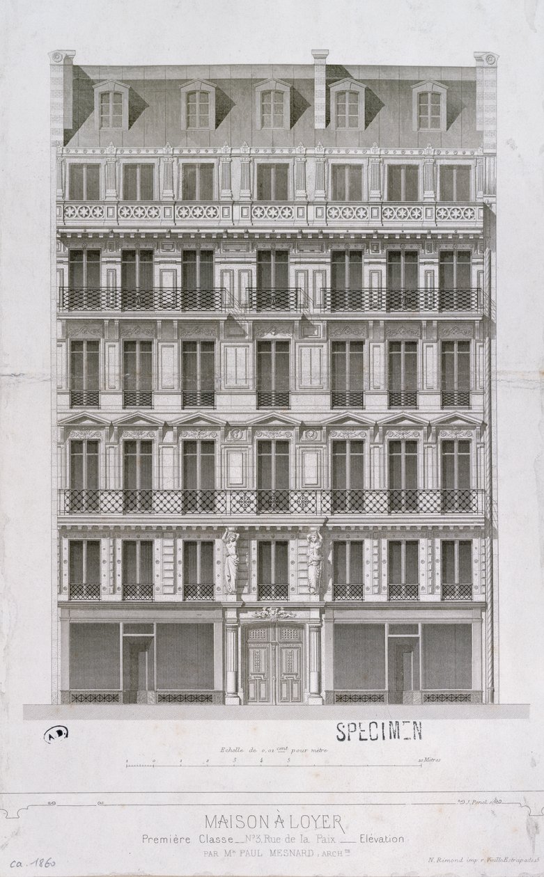 Design til en boligblok i Haussmann-stilen i rue de la Paix, Paris, ca. 1860 af Paul Mesnard