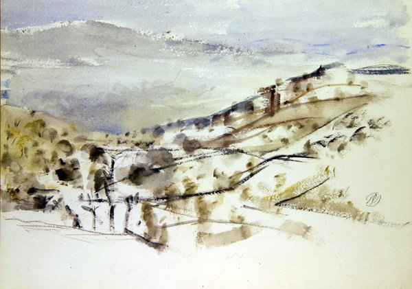 Landscape Emerging, nr. 3 (akvarel og kridt på papir) af Paul Nash