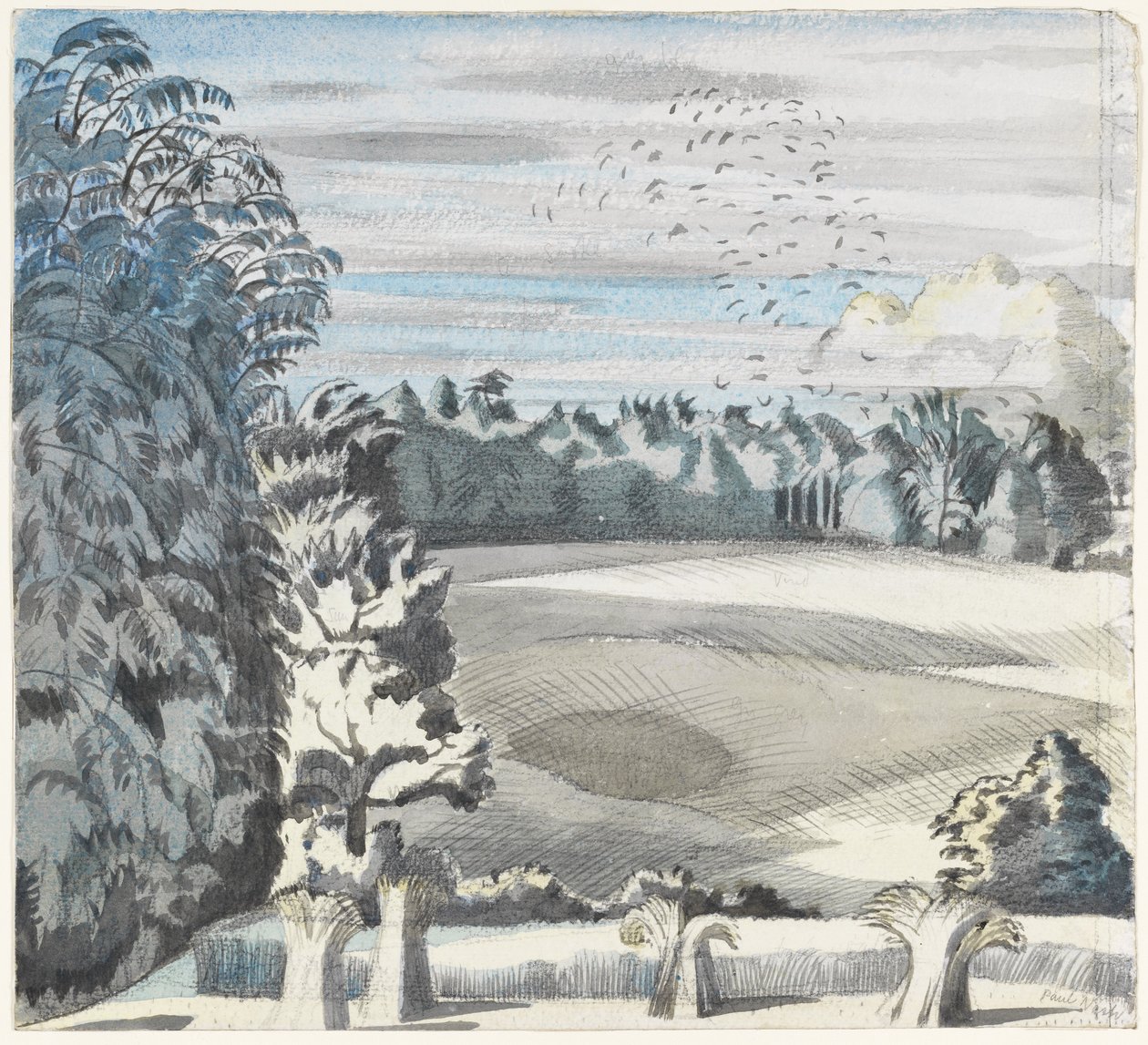 Landskab med røge, ca. 1913-14 (sort kridt & akvarel på papir) af Paul Nash