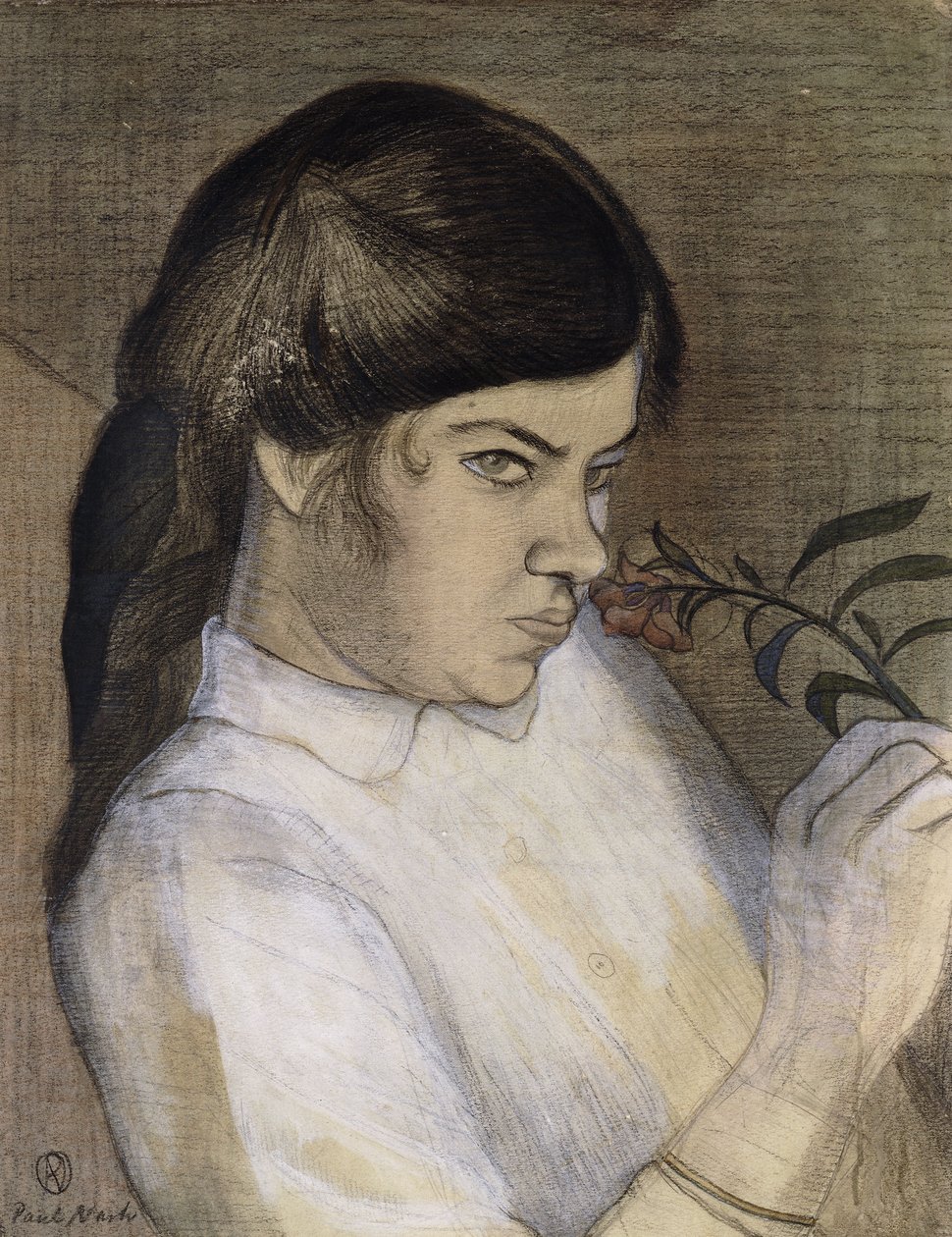 Portræt af Barbara Nash, kunstnerens søster, ca. 1911-12 (blyant, sort og farvet farveblyant, akvarel og kropsfarve he) af Paul Nash