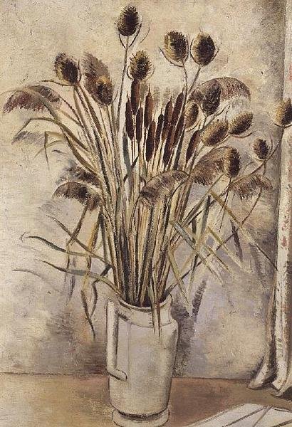 Stilleben med bullrushes i en hvid kande af Paul Nash