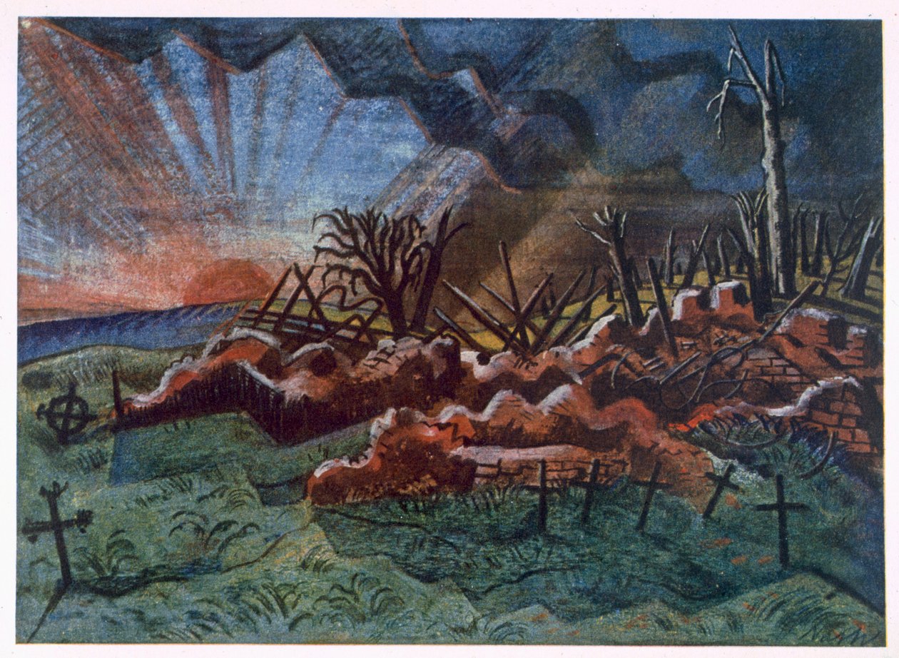 Sunrise, Ruins of a Hospice, nordvest for Wytschaete, ødelagt af bombardement i 1917, fra British Artists at the Front, Fortsættelse af The Western Front, Tredje del, Paul Nash af Paul Nash