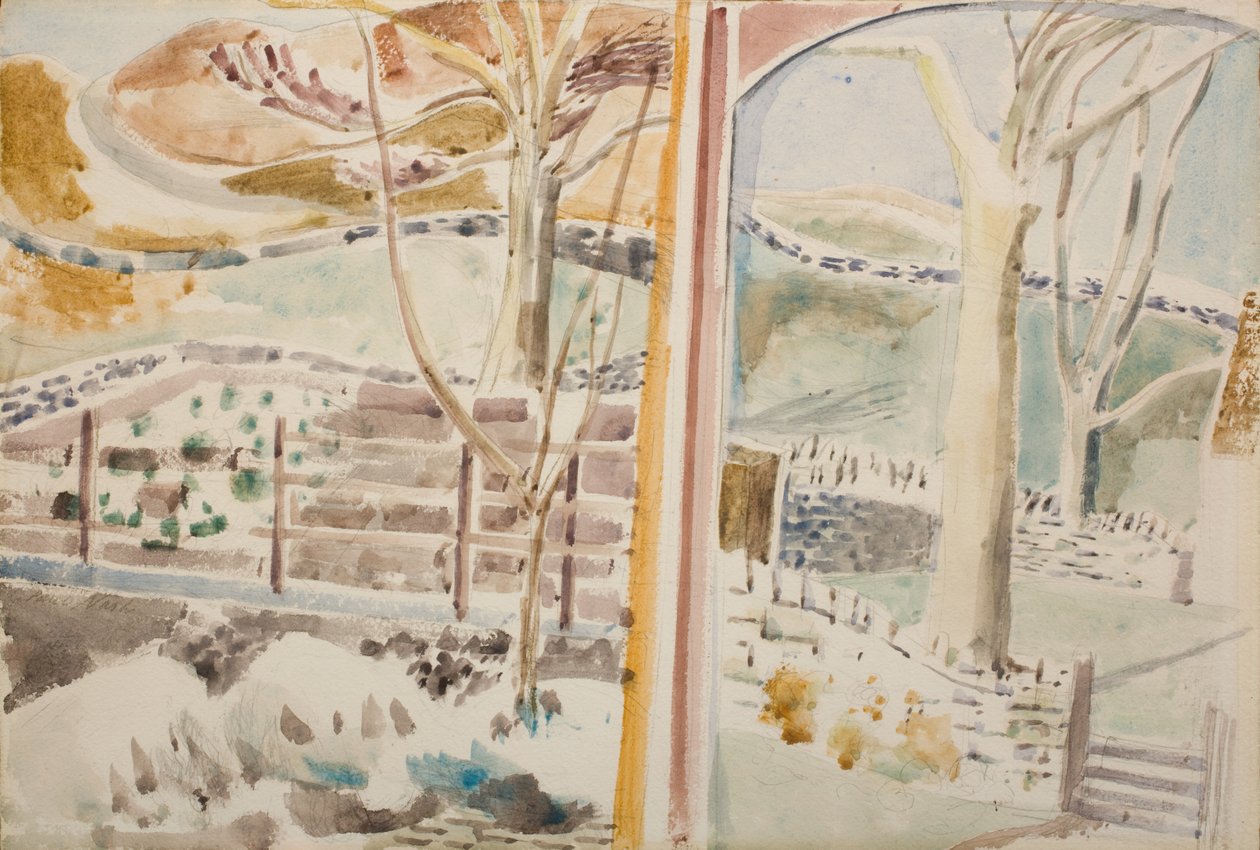 Landskabet gennem vinduet og gennem spejlet af Paul Nash
