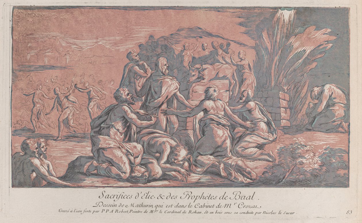 Elias udfordrer profeten til et offer, ca. 1729., ca. 1729. af Paul Ponce Antoine Robert