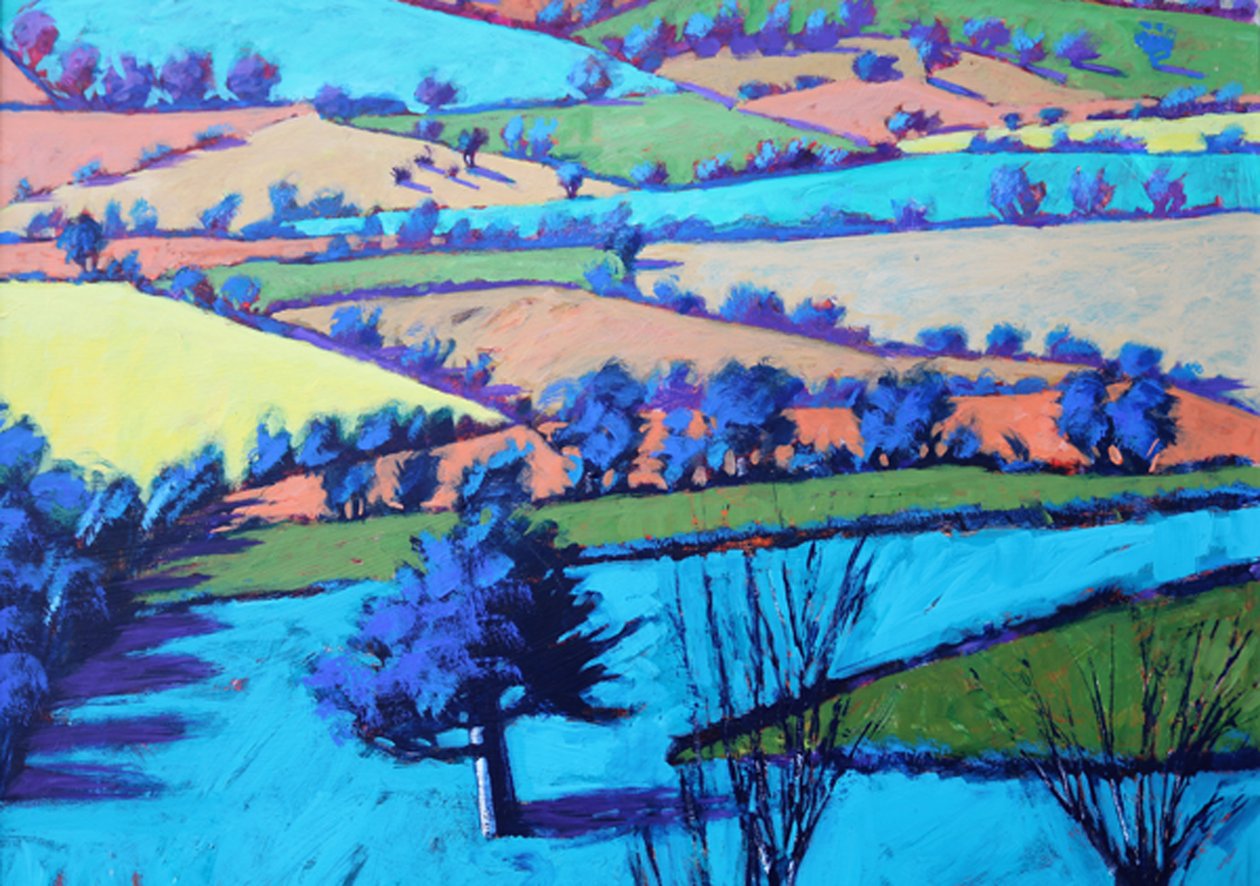 Teme Valley sommer II nærbillede (akryl ombord) af Paul Powis