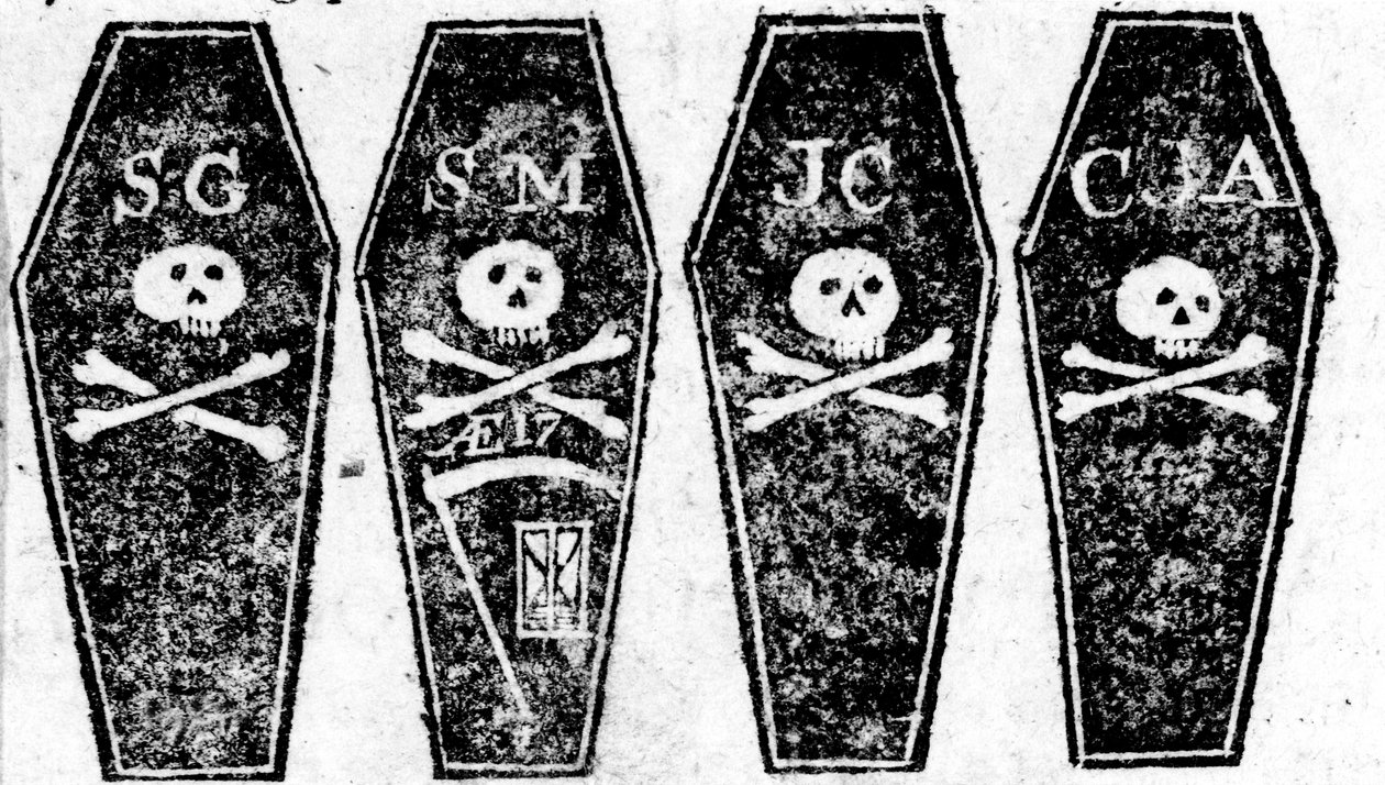 Tegning af de fire kister fra massakren i Boston, trykt i Boston Gazette, 12. marts 1770 af Paul Revere