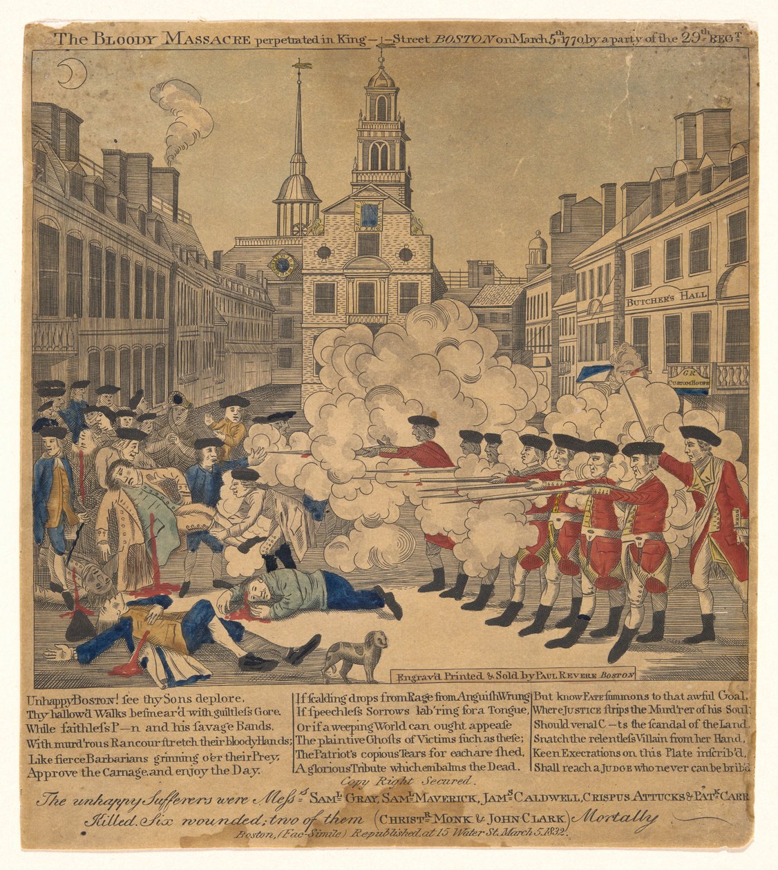 The Bloody Massacre begået i King Street Boston den 5. marts 1770. af Paul Revere