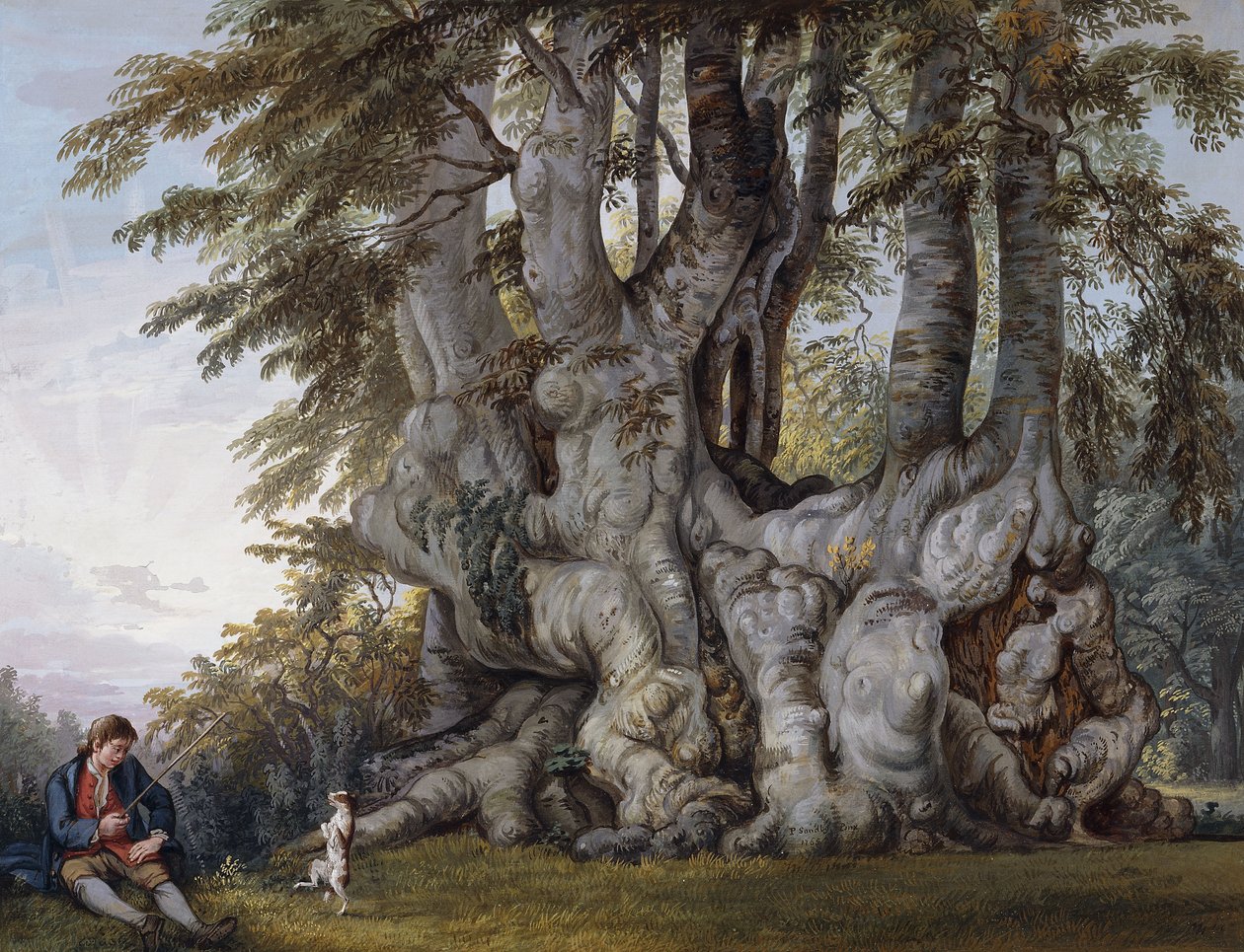 En dreng, der laver en hund til at danse ved kuglen af et gammelt knudret bøgetræ, af Paul Sandby