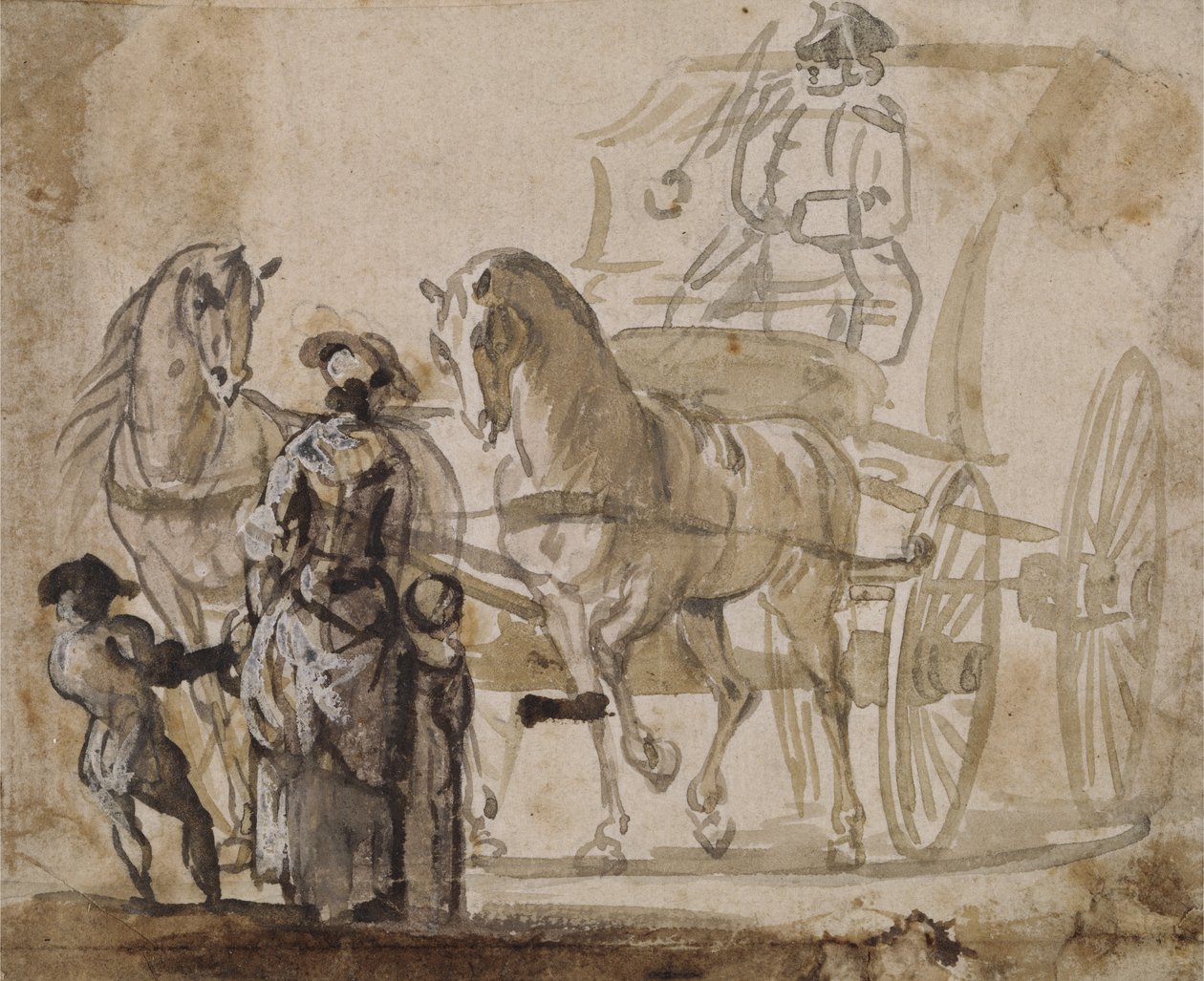 En vogn og et par, med kusk (grå og brun vask forhøjet med hvidt på papir) af Paul Sandby