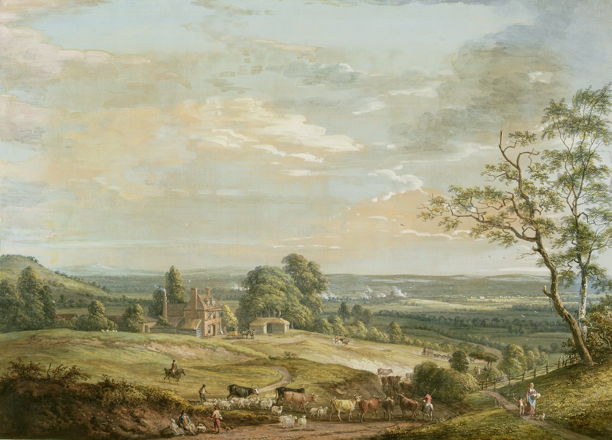 En fjern udsigt over Maidstone, fra Lower Bell Inn, Boxley Hill (gouache på papir) af Paul Sandby