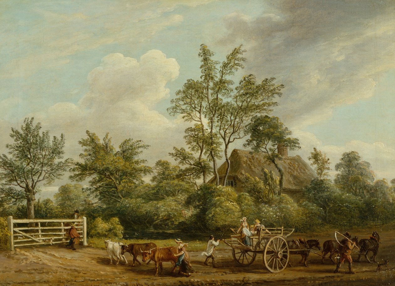 En høvogn med landarbejdere og kvæg nær Easton Park, Suffolk (olie på lærred) af Paul Sandby