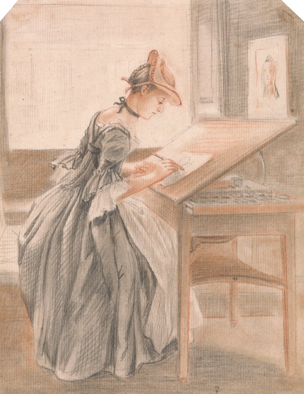 En dame kopierer ved et tegnebord af Paul Sandby