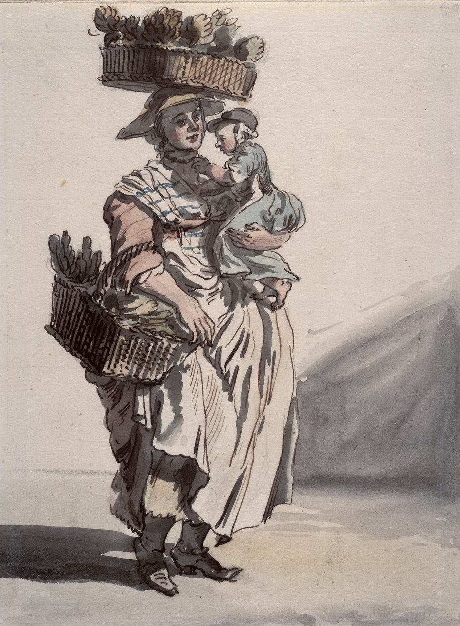 En sælger af grønne grøntsager i London med et barn, 1759 af Paul Sandby