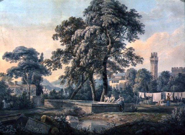 Et italiensk landskab med kvinder ved et vaskebassin af Paul Sandby