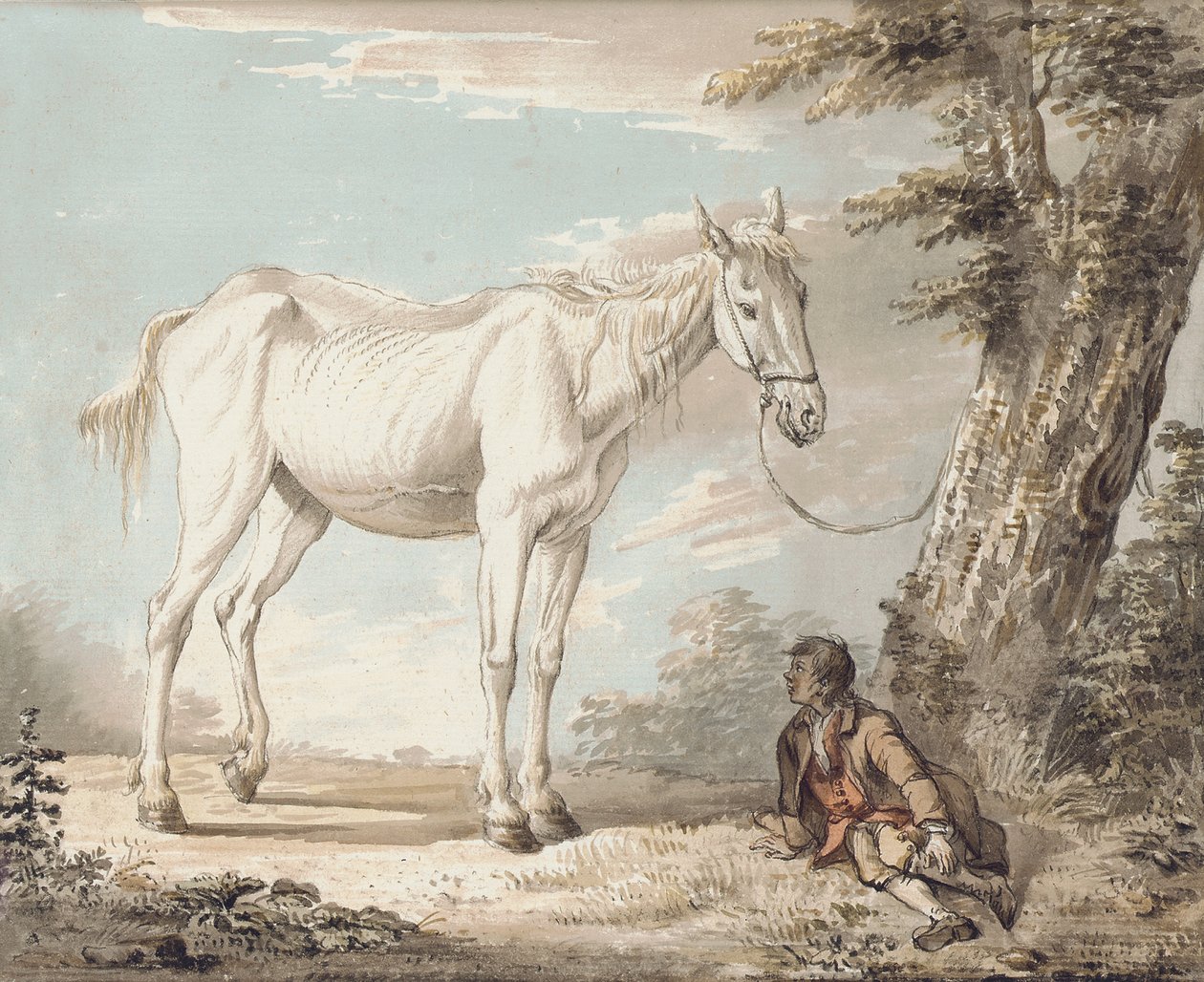 En gammel grå hest bundet til et træ, en dreng hviler i nærheden af Paul Sandby