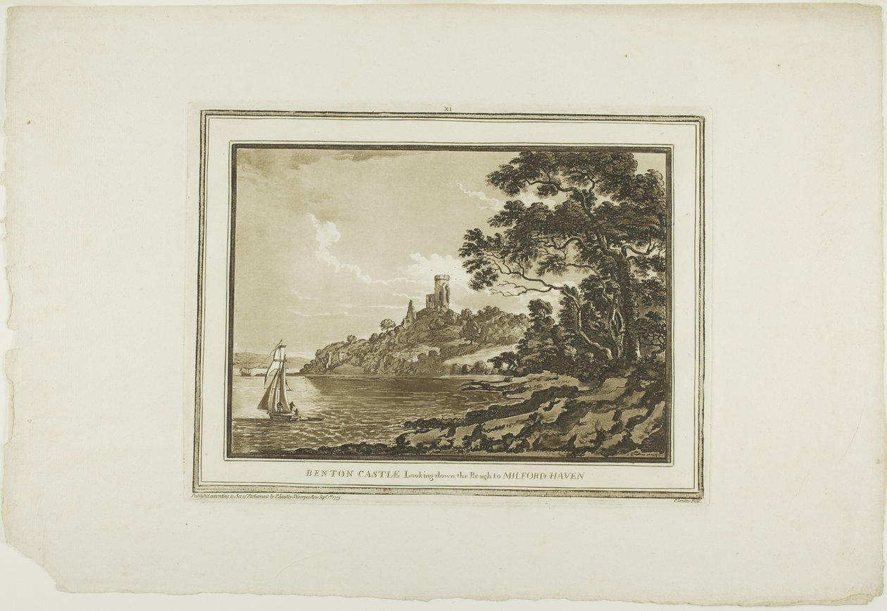 Benton Castle ser ned ad rækkevidden til Milford Haven, fra tolv udsigter i Aquatinta fra tegninger taget på stedet i det sydlige Wales af Paul Sandby