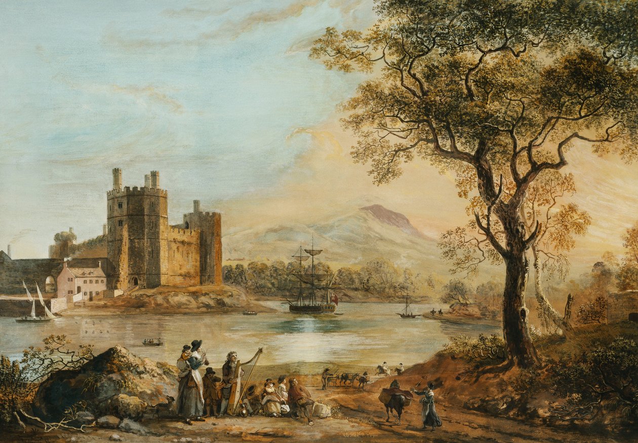 Caernarvon Castle, med en Harper i forgrunden, af Paul Sandby
