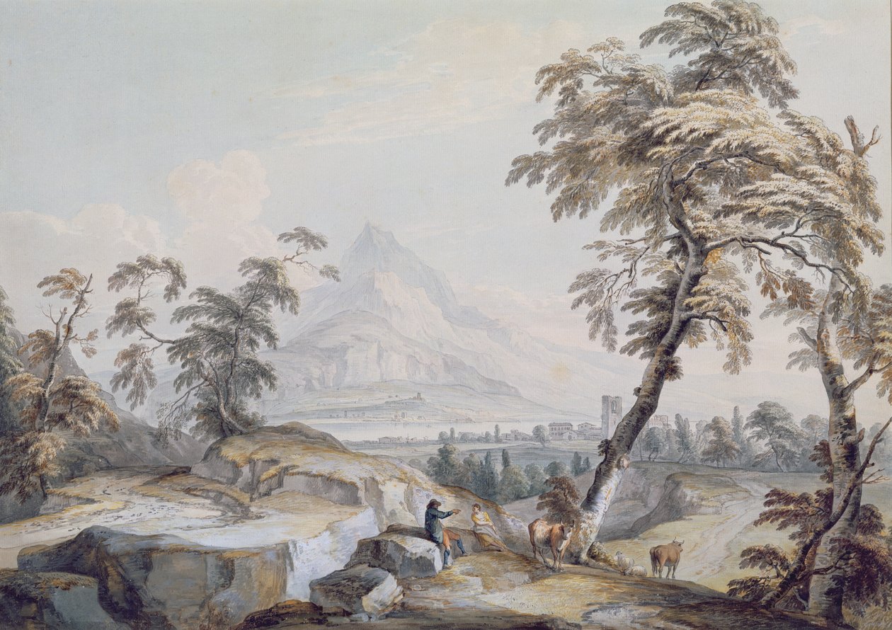 Italiensk landskab med rejsende, nr. 1 (w/c på papir) af Paul Sandby