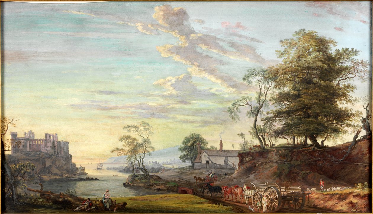 Landskab med Slot ved en Bugt, omkring 1769-1795 (Akvarel og gouache) af Paul Sandby