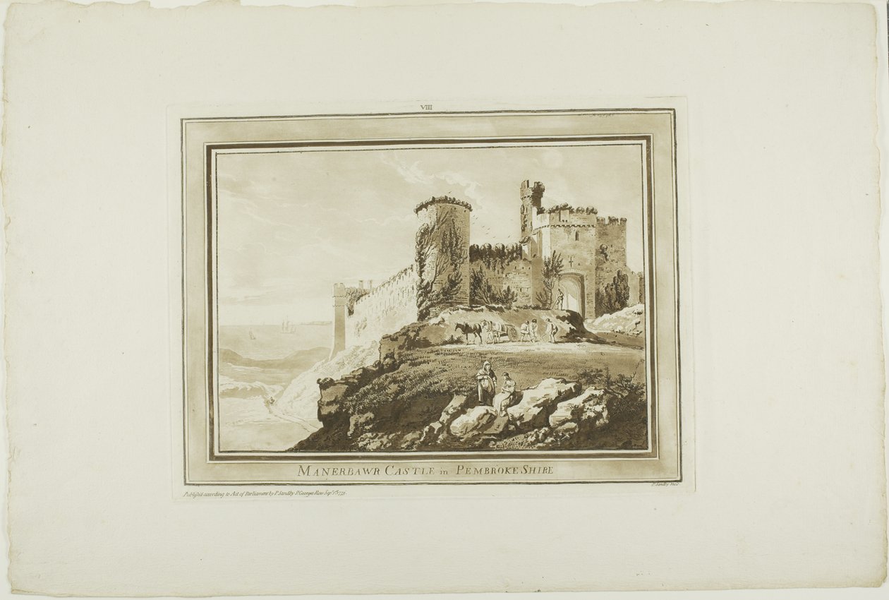 Manerbawr Castle i Pembroke Shire, fra Twelve Views in Aquatinta fra tegninger taget på stedet i det sydlige Wales af Paul Sandby