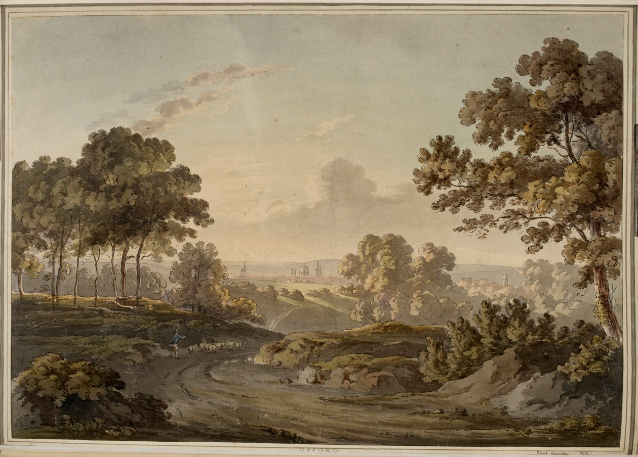 Oxford [grafik]. Hyrde hyrde får på vej mod Oxford, som er synlig i horisonten oplyst af solnedgangens skær. af Paul Sandby