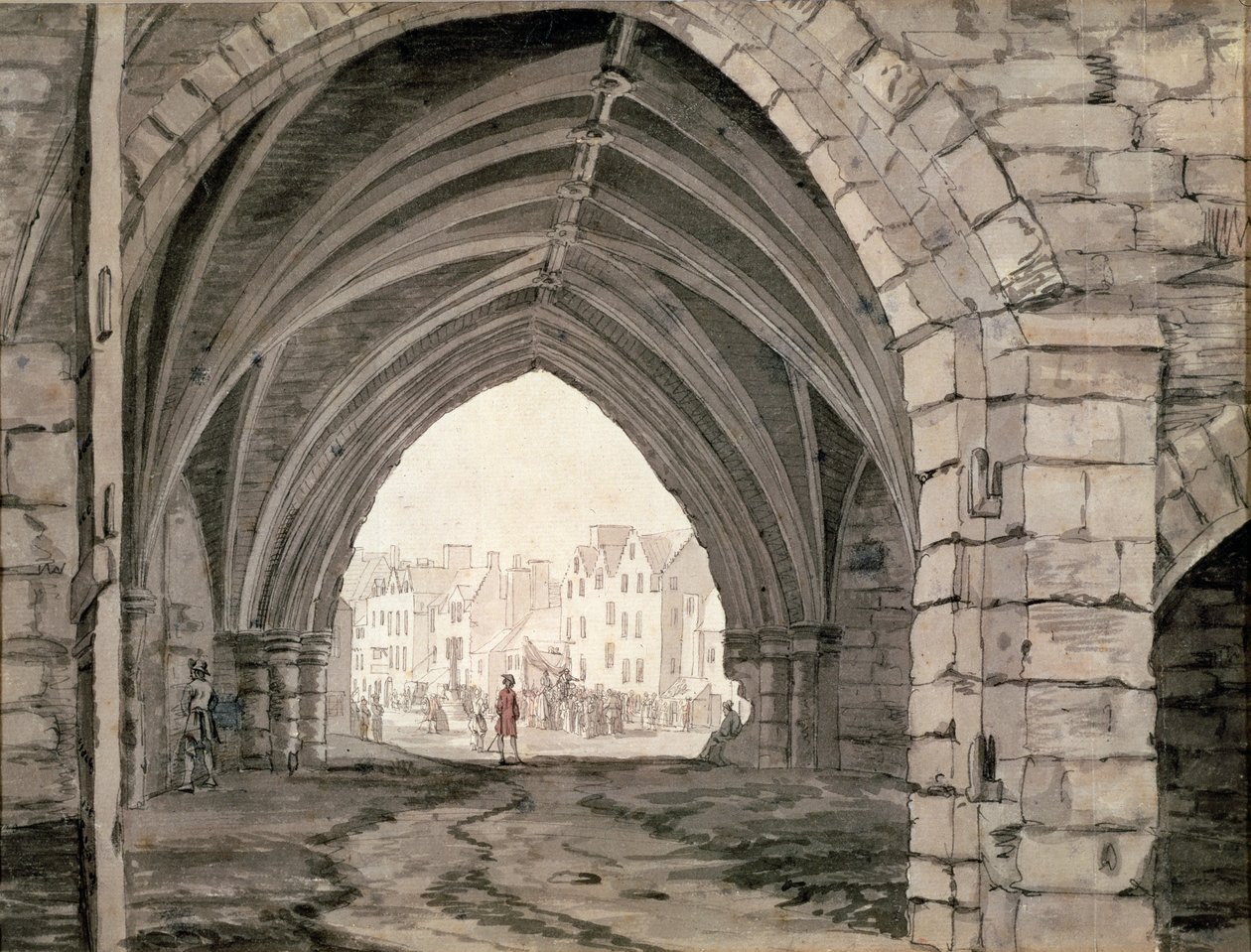 En del af Holyrood Abbey med udsigt over Canongate (pen og blæk med vask) af Paul Sandby