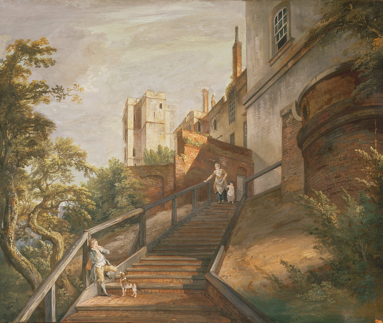 En del af de hundrede trappetrin og Winchester Tower, Windsor Castle (gouache på læder) af Paul Sandby