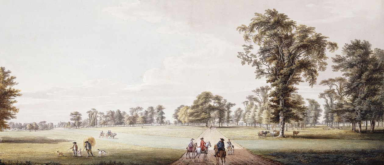 Ryttere på en Avenue i parken ved Luton, med figurer i en Phaeton og rustikker til venstre, af Paul Sandby