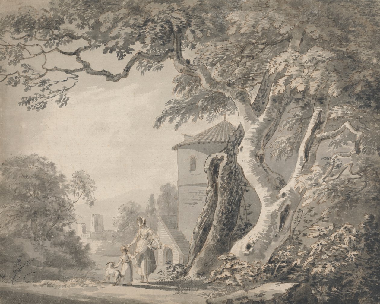 Romantisk landskab med figurer og en hund af Paul Sandby