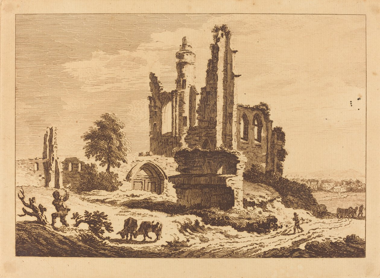 Ødelagt kloster med kvæg og en mand, der hugger træ af Paul Sandby