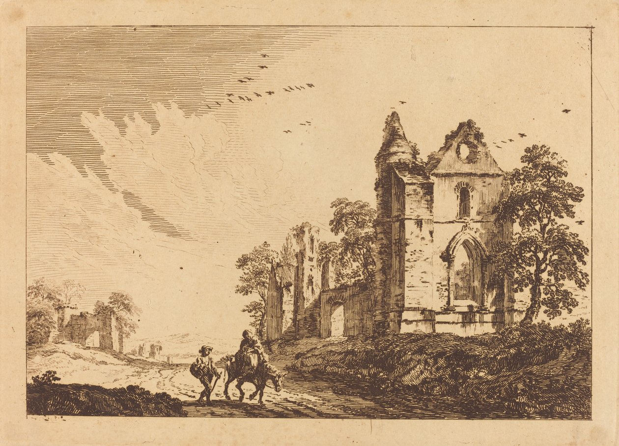 Ødelagt Abbey med rejsende på vejen af Paul Sandby