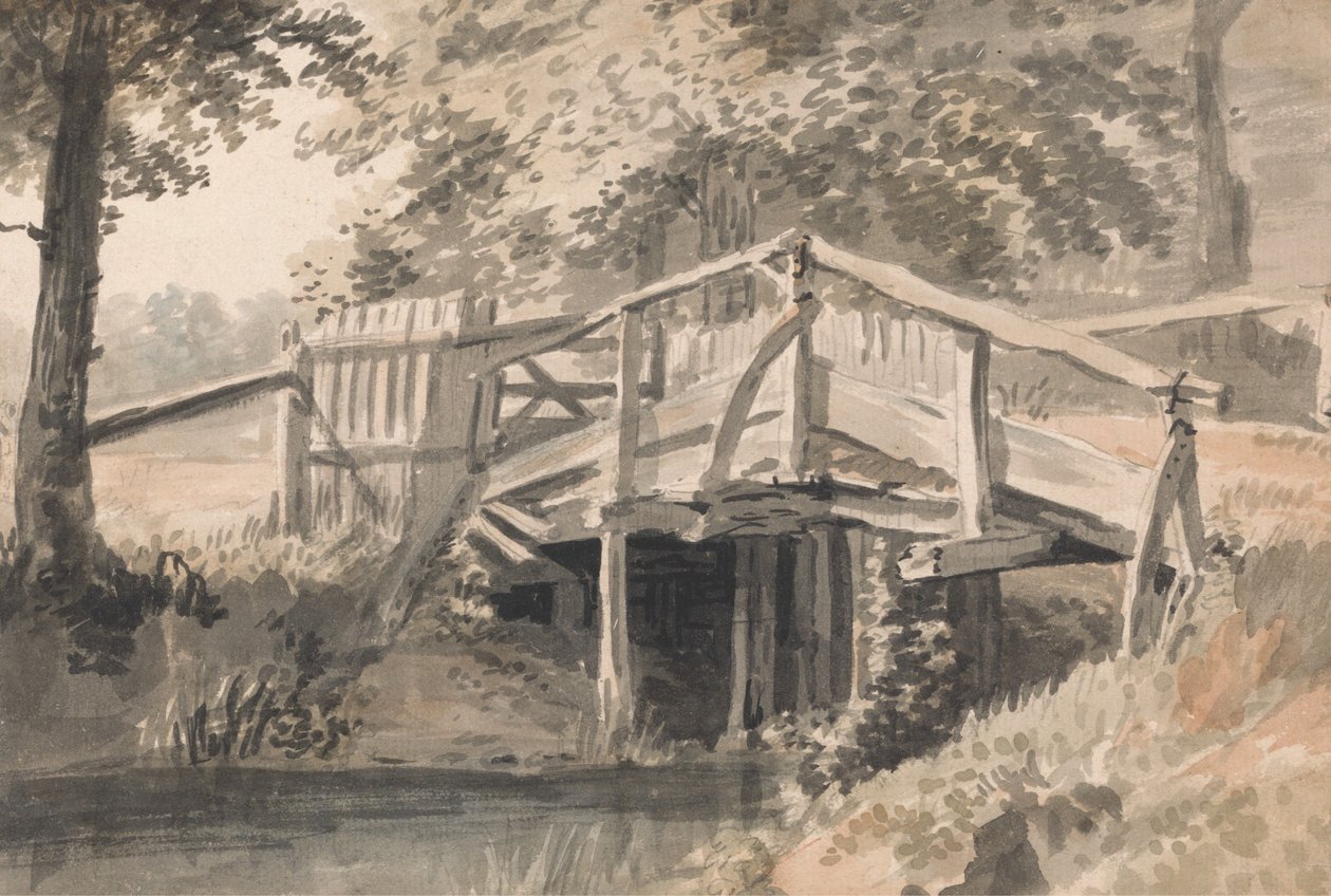 Bæk og træbro af Paul Sandby