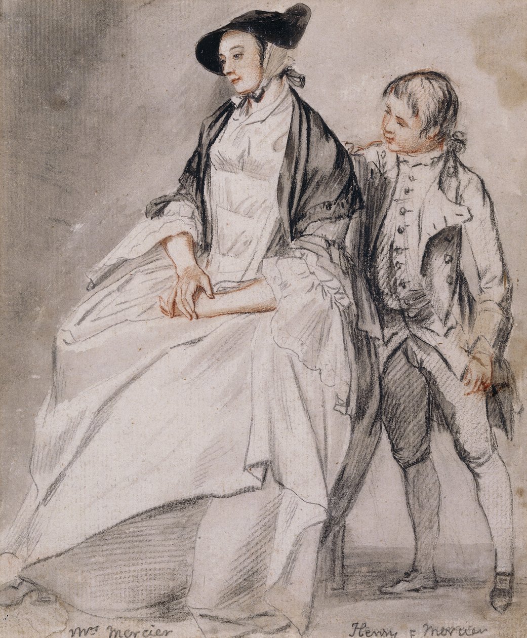 Studie af fru Mercier siddende i en stol, og hendes yngste søn, Henry Mercier, der står bag hende, af Paul Sandby